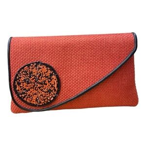 Womens Beaded Maasai Fabric and Jute Clutch Purse
Orange Large